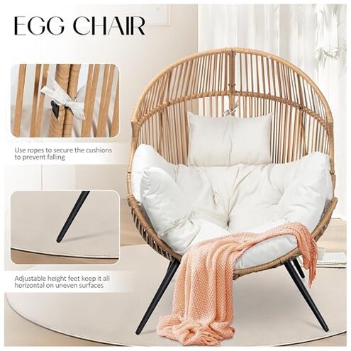 LUTINLIX Oversized Wicker Egg Chair Outdoor Indoor,Patio Lounge Chair with Thicken Cushions, Egg Basket Chair 500lbs Capacity for Garden, Backyard, Porch,Bedroom (Beige-Regular, 1pcs)