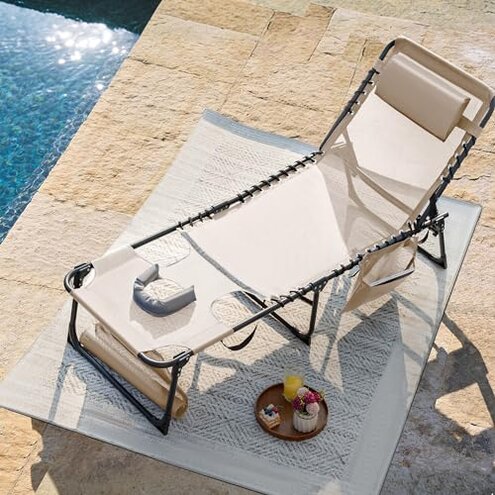 Flamaker Face Down Chaise Lounge Chair 5-Position Adjustable Sunbathing, Foldable Tanning Chair with Face& Arm Holes, Outdoor Recliner Chair for Pool, Beach, Patio, Lawn (Beige, 1 Pcs)