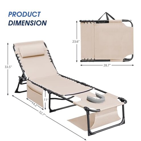 Flamaker Face Down Chaise Lounge Chair 5-Position Adjustable Sunbathing, Foldable Tanning Chair with Face& Arm Holes, Outdoor Recliner Chair for Pool, Beach, Patio, Lawn (Beige, 1 Pcs)