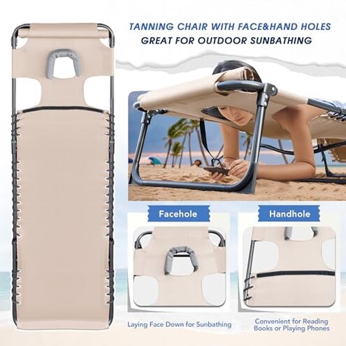 Flamaker Face Down Chaise Lounge Chair 5-Position Adjustable Sunbathing, Foldable Tanning Chair with Face& Arm Holes, Outdoor Recliner Chair for Pool, Beach, Patio, Lawn (Beige, 1 Pcs)