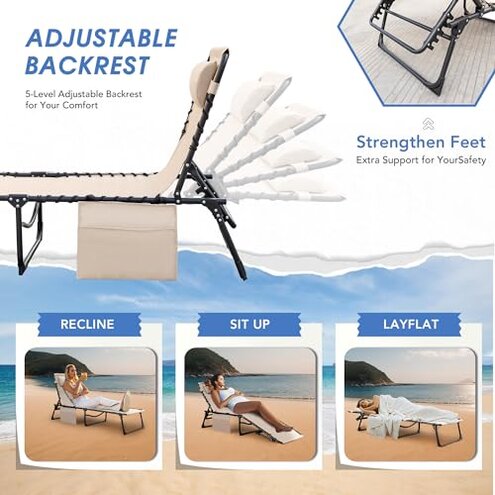 Flamaker Face Down Chaise Lounge Chair 5-Position Adjustable Sunbathing, Foldable Tanning Chair with Face& Arm Holes, Outdoor Recliner Chair for Pool, Beach, Patio, Lawn (Beige, 1 Pcs)
