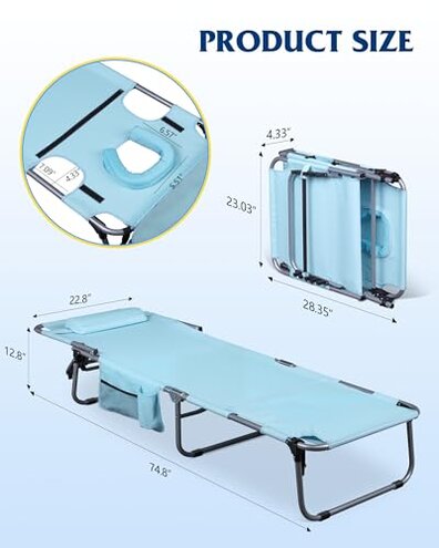 WLIVE 5-Position Folding Beach Chair with Face Hole, Portable Patio Lounge Chair for Beach, Pool, Outdoor Tanning Chair, Light Blue