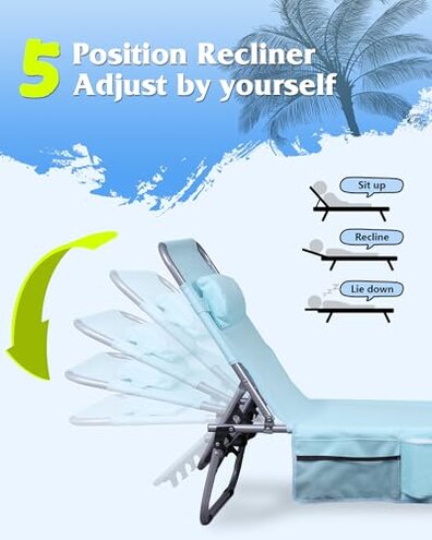 WLIVE 5-Position Folding Beach Chair with Face Hole, Portable Patio Lounge Chair for Beach, Pool, Outdoor Tanning Chair, Light Blue