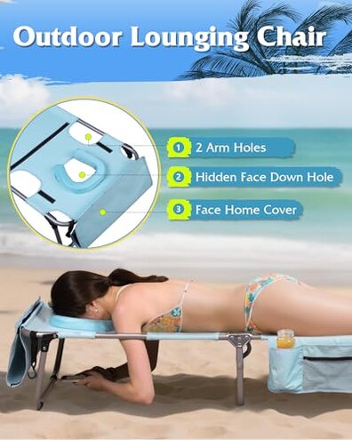 WLIVE 5-Position Folding Beach Chair with Face Hole, Portable Patio Lounge Chair for Beach, Pool, Outdoor Tanning Chair, Light Blue