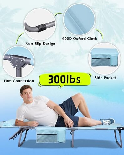 WLIVE 5-Position Folding Beach Chair with Face Hole, Portable Patio Lounge Chair for Beach, Pool, Outdoor Tanning Chair, Light Blue