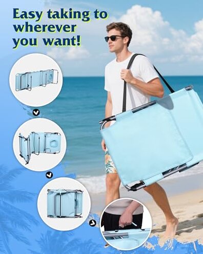 WLIVE 5-Position Folding Beach Chair with Face Hole, Portable Patio Lounge Chair for Beach, Pool, Outdoor Tanning Chair, Light Blue