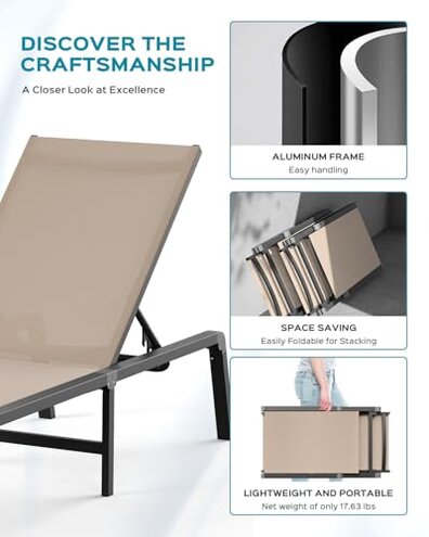 Aluminum Chaise Lounge Ourdoor - Foldable & Assemble Free Outdoor Lounge Chair with 5 Adjustable Backrest, Patio Lounge Chair for Outside Poolside Beach Pool, Khaki