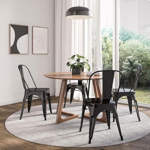 Yaheetech Metal Dining Chairs Set of 4, Industrial Stackable Kitchen Chairs with Back for Dining Room/Restaurant/Bistro/Patio, Indoor & Outdoor Use, Matte Black