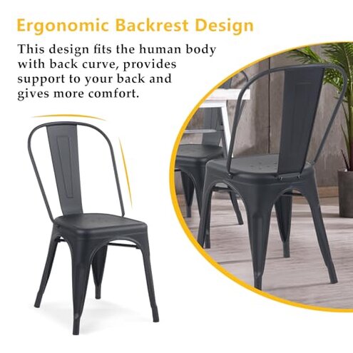 Yaheetech Metal Dining Chairs Set of 4, Industrial Stackable Kitchen Chairs with Back for Dining Room/Restaurant/Bistro/Patio, Indoor & Outdoor Use, Matte Black
