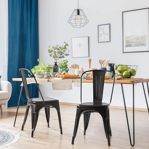 Yaheetech Metal Dining Chairs Set of 4, Industrial Stackable Kitchen Chairs with Back for Dining Room/Restaurant/Bistro/Patio, Indoor & Outdoor Use, Matte Black