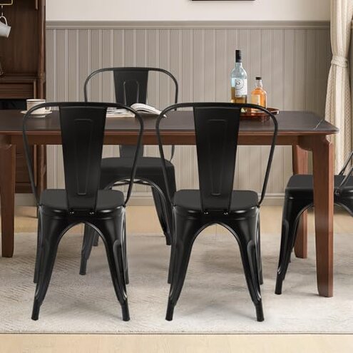 FDW | Metal Dining Chairs | Set of 4 | Black | Stackable Tolix Side Chairs with Backrest | Scratch-Resistant | Non-Slip Feet | Indoor/Outdoor Use | 330 lbs Capacity | for Kitchen & Restaurant