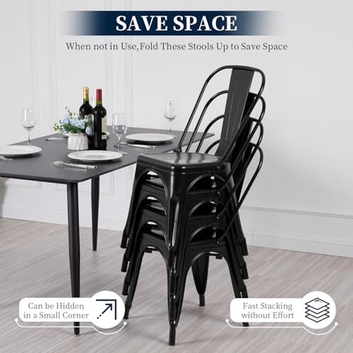 FDW | Metal Dining Chairs | Set of 4 | Black | Stackable Tolix Side Chairs with Backrest | Scratch-Resistant | Non-Slip Feet | Indoor/Outdoor Use | 330 lbs Capacity | for Kitchen & Restaurant