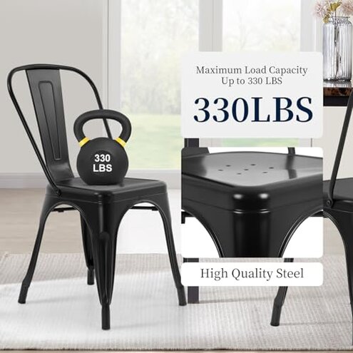 FDW | Metal Dining Chairs | Set of 4 | Black | Stackable Tolix Side Chairs with Backrest | Scratch-Resistant | Non-Slip Feet | Indoor/Outdoor Use | 330 lbs Capacity | for Kitchen & Restaurant