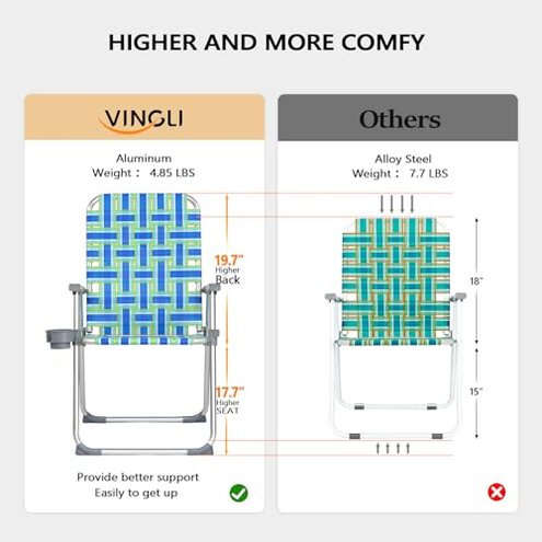 VINGLI Aluminum Patio Lawn Chairs Folding Set of 2 with Detachable Cup Holder, Webbed Beach Chair Folding Chair Outdoor Portable Camping Chair for Yard, Garden