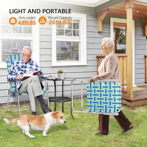 VINGLI Aluminum Patio Lawn Chairs Folding Set of 2 with Detachable Cup Holder, Webbed Beach Chair Folding Chair Outdoor Portable Camping Chair for Yard, Garden