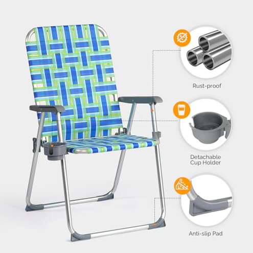 VINGLI Aluminum Patio Lawn Chairs Folding Set of 2 with Detachable Cup Holder, Webbed Beach Chair Folding Chair Outdoor Portable Camping Chair for Yard, Garden