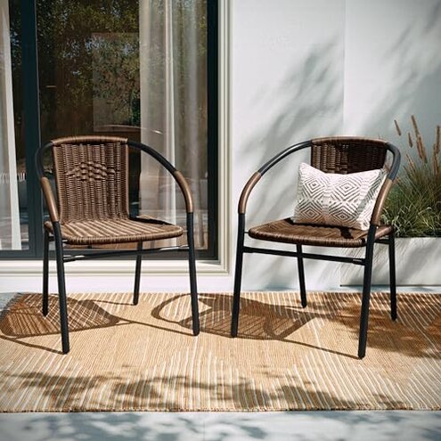 Flash Furniture Lila Modern Rattan Indoor/Outdoor Stackable Dining Chairs, Stacking Rattan Bistro Chairs for Patio or Restaurant, Set of 2, Brown