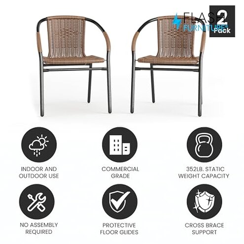 Flash Furniture Lila Modern Rattan Indoor/Outdoor Stackable Dining Chairs, Stacking Rattan Bistro Chairs for Patio or Restaurant, Set of 2, Brown