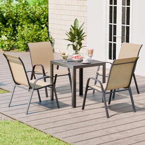 Betterhood Patio Chairs Set of 4, Stackable Outdoor Dining Chairs Set with Breathable Seat Fabric, All-Weather Powder-Coated Metal Frame for Deck, Pool Side and Backyard, 350LBS Capacity (Khaki)
