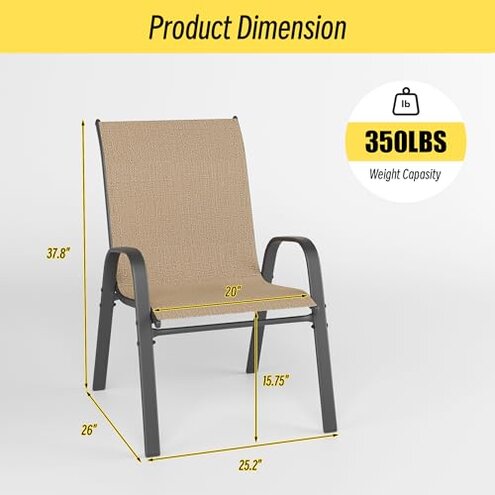 Betterhood Patio Chairs Set of 4, Stackable Outdoor Dining Chairs Set with Breathable Seat Fabric, All-Weather Powder-Coated Metal Frame for Deck, Pool Side and Backyard, 350LBS Capacity (Khaki)