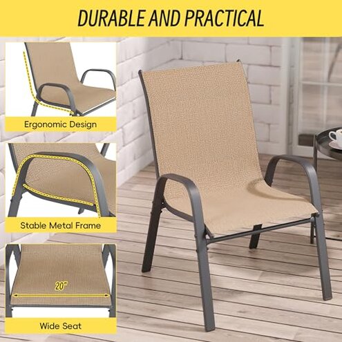 Betterhood Patio Chairs Set of 4, Stackable Outdoor Dining Chairs Set with Breathable Seat Fabric, All-Weather Powder-Coated Metal Frame for Deck, Pool Side and Backyard, 350LBS Capacity (Khaki)