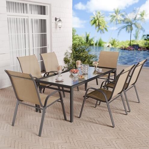 Betterhood Patio Chairs Set of 4, Stackable Outdoor Dining Chairs Set with Breathable Seat Fabric, All-Weather Powder-Coated Metal Frame for Deck, Pool Side and Backyard, 350LBS Capacity (Khaki)