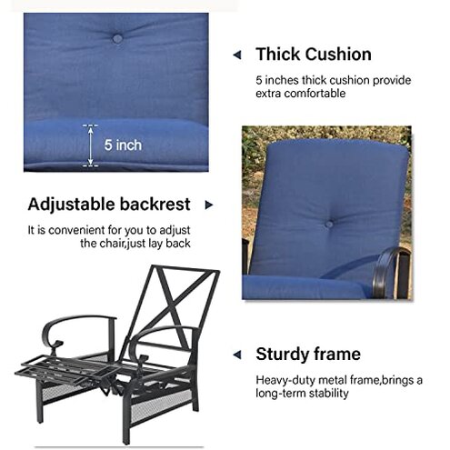 MFSTUDIO Patio Adjustable Recliner Chair, Outdoor Metal Reclining Lounge Chair with 100% Olefin Removable Cushion, Outdoor Adjustable Lounge Chairs for Porch, Lawn, (Navy Blue)