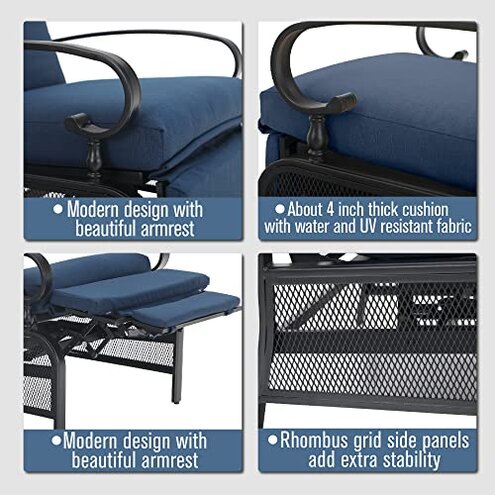 MFSTUDIO Patio Adjustable Recliner Chair, Outdoor Metal Reclining Lounge Chair with 100% Olefin Removable Cushion, Outdoor Adjustable Lounge Chairs for Porch, Lawn, (Navy Blue)