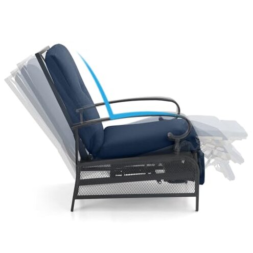 MFSTUDIO Patio Adjustable Recliner Chair, Outdoor Metal Reclining Lounge Chair with 100% Olefin Removable Cushion, Outdoor Adjustable Lounge Chairs for Porch, Lawn, (Navy Blue)
