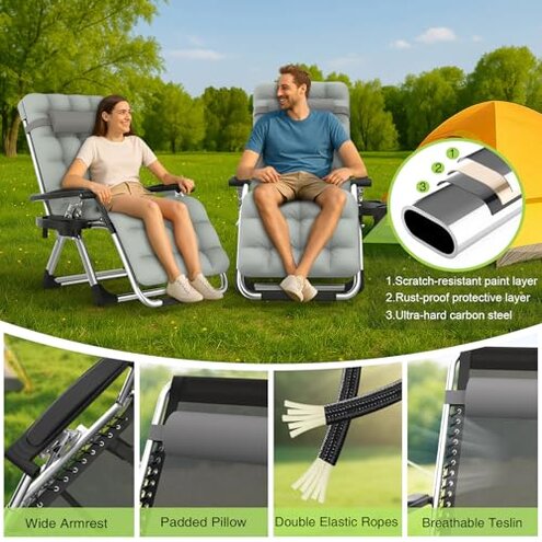 Suteck Zero Gravity Chair, Reclining Camping Lounge Chair w/Removable Cushion, Upgraded Lock and Cup Holder, Reclining Patio Chairs Folding Recliner for Indoor and Outdoor