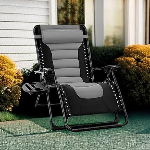 Best Choice Products Oversized Padded Zero Gravity Chair, Folding Outdoor Patio Recliner, XL Anti Gravity Lounger for Backyard w/Headrest, Cup Holder, Side Tray, Polyester Mesh - Gray