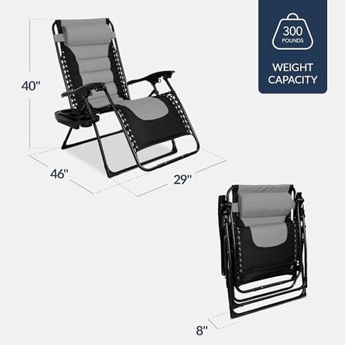 Best Choice Products Oversized Padded Zero Gravity Chair, Folding Outdoor Patio Recliner, XL Anti Gravity Lounger for Backyard w/Headrest, Cup Holder, Side Tray, Polyester Mesh - Gray