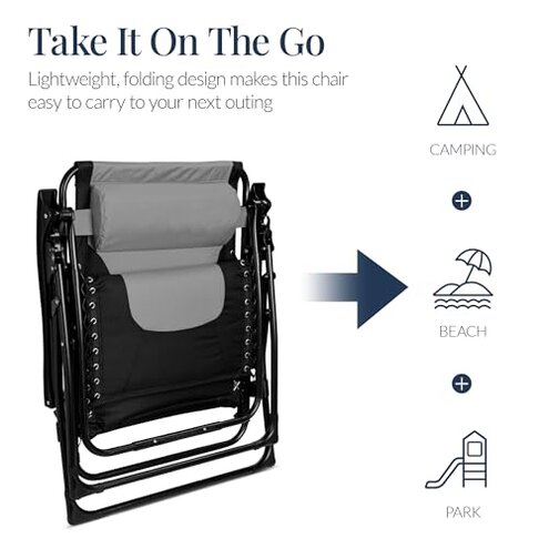 Best Choice Products Oversized Padded Zero Gravity Chair, Folding Outdoor Patio Recliner, XL Anti Gravity Lounger for Backyard w/Headrest, Cup Holder, Side Tray, Polyester Mesh - Gray
