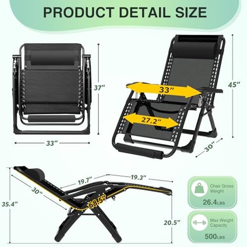 Suteck Oversized Zero Gravity Chair,33In XXL Lounge Chair w/Removable Cushion&Headrest, Reclining Camping Chair w/Upgraded Lock and Footrest, Reclining Patio Chairs Recliner for Indoor Outdoor,500LBS
