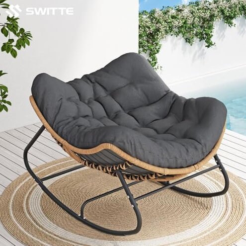 SWITTE Outdoor Rocking Chair, Oversized Patio Papasan Rocker, Comfy Wicker Reading Lounge, Indoor Egg Chair for Bedroom, Living Room, Porch, Garden, Lawn-Dark Grey