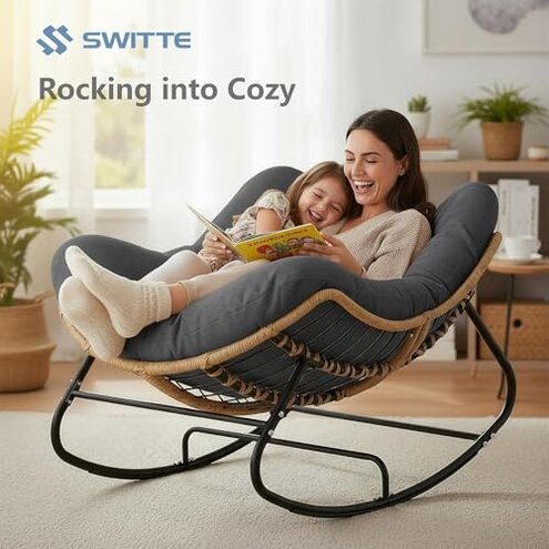 SWITTE Outdoor Rocking Chair, Oversized Patio Papasan Rocker, Comfy Wicker Reading Lounge, Indoor Egg Chair for Bedroom, Living Room, Porch, Garden, Lawn-Dark Grey