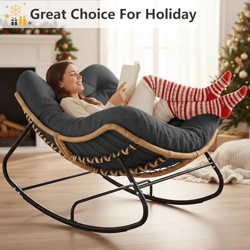 SWITTE Outdoor Rocking Chair, Oversized Patio Papasan Rocker, Comfy Wicker Reading Lounge, Indoor Egg Chair for Bedroom, Living Room, Porch, Garden, Lawn-Dark Grey
