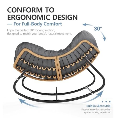 SWITTE Outdoor Rocking Chair, Oversized Patio Papasan Rocker, Comfy Wicker Reading Lounge, Indoor Egg Chair for Bedroom, Living Room, Porch, Garden, Lawn-Dark Grey
