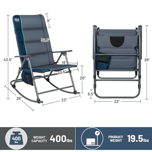 Timber Ridge Oversized Folding Rocking Camping Chair, Padded Outdoor Rocker with High Back, Portable Outdoor Chair for Patio, Garden, Lawn, Supports up to 400 lbs, Blue
