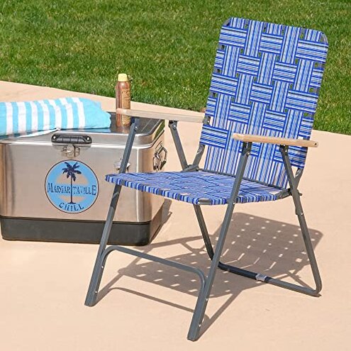 Garden Elements Folding Patio & Lawn Chairs &ndash; Steel Frame with Blue Woven Fabric and Wooden Armrests, Comfortable Full-Size Outdoor Chairs for Backyard, Camping, or Events (Pack of 2)
