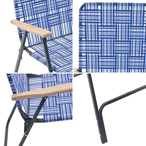 Garden Elements Folding Patio & Lawn Chairs &ndash; Steel Frame with Blue Woven Fabric and Wooden Armrests, Comfortable Full-Size Outdoor Chairs for Backyard, Camping, or Events (Pack of 2)