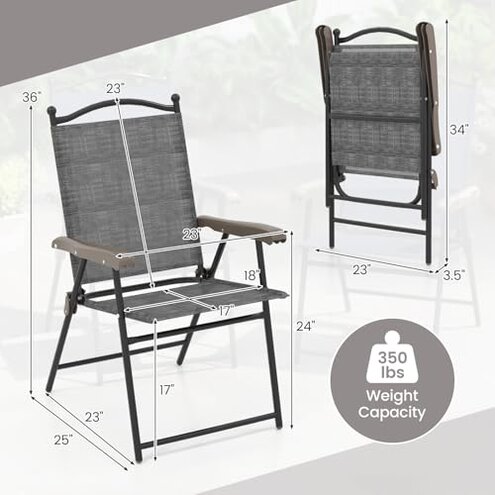 Giantex Set of 2 Patio Folding Chairs, Outdoor Patio Dining Chairs w/Armrest, Sling Back, Metal Frame, Outside Use for Lawn Camping Garden Pool Beach Yard Lounge, No Assembly, Grey