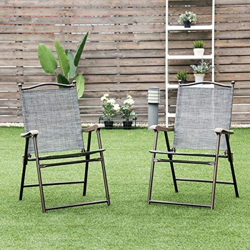 Giantex Set of 2 Patio Folding Chairs, Outdoor Patio Dining Chairs w/Armrest, Sling Back, Metal Frame, Outside Use for Lawn Camping Garden Pool Beach Yard Lounge, No Assembly, Grey