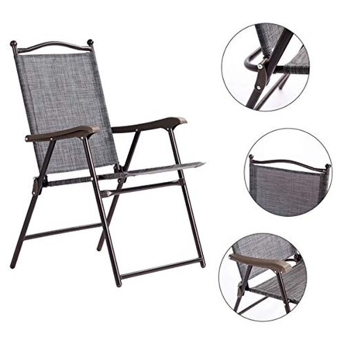 Giantex Set of 2 Patio Folding Chairs, Outdoor Patio Dining Chairs w/Armrest, Sling Back, Metal Frame, Outside Use for Lawn Camping Garden Pool Beach Yard Lounge, No Assembly, Grey