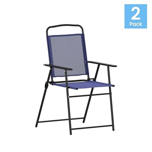 Flash Furniture Mystic Folding Patio Sling Chairs, Outdoor Textilene Lawn Chairs with Armrests, Set of 2, Navy