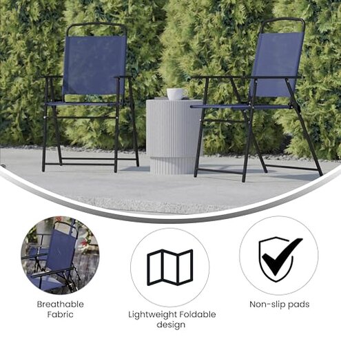 Flash Furniture Mystic Folding Patio Sling Chairs, Outdoor Textilene Lawn Chairs with Armrests, Set of 2, Navy