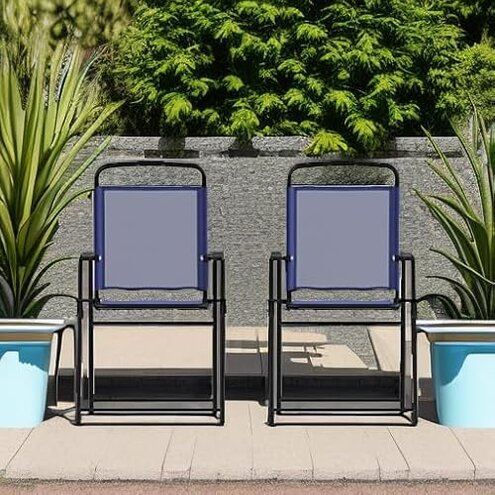 Flash Furniture Mystic Folding Patio Sling Chairs, Outdoor Textilene Lawn Chairs with Armrests, Set of 2, Navy