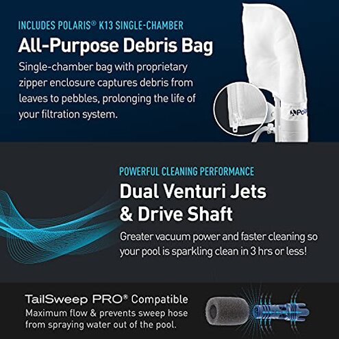 Polaris Vac-Sweep 280 Pressure-Side In-ground Pool Cleaner, Double Venturi Jet Powered, 31ft of Hose with an All Purpose Debris Bag