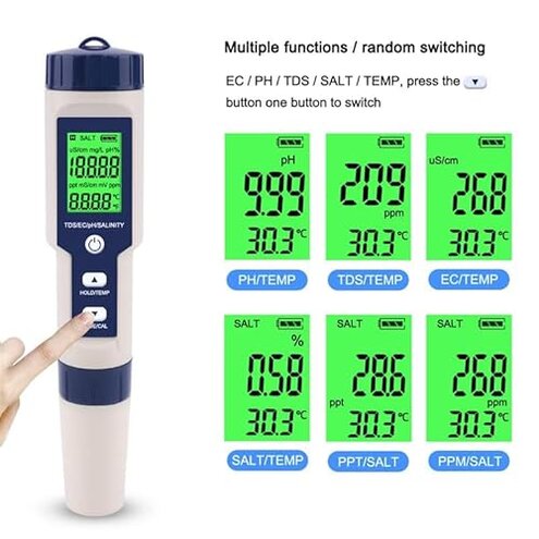 Pool Salt Tester & PH Meter, Hofun Digital Salinity Meter and PH Tester for Aquarium and Pool Saltwater Water, 5 in 1 Salinity PH Temp EC and TDS Meter, Aquarium Swimming Pool Hot Tub, High Accuracy