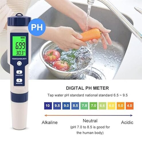 Pool Salt Tester & PH Meter, Hofun Digital Salinity Meter and PH Tester for Aquarium and Pool Saltwater Water, 5 in 1 Salinity PH Temp EC and TDS Meter, Aquarium Swimming Pool Hot Tub, High Accuracy